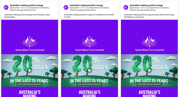 Facebook advertisements for the government's "Australia's making positive energy" campaign