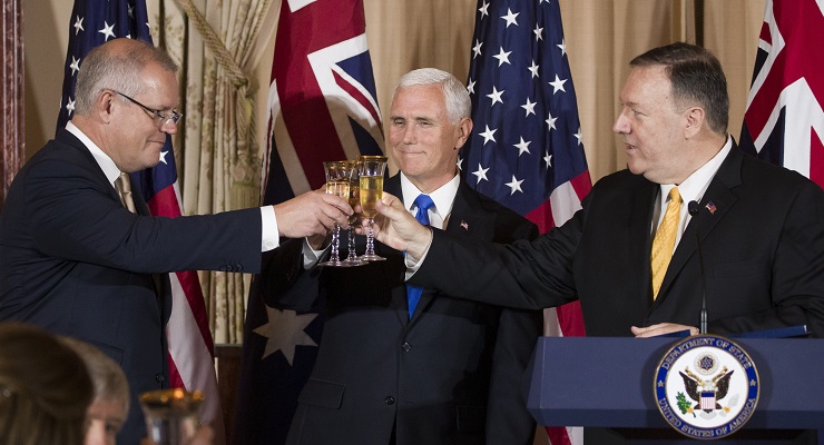 Scott Morrison with former US vice-president Mike Pence and Mike Pompeo in 2019 (Image: AP/Alex Brandon)