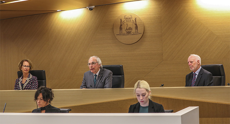 Royal commissioners Lindy Jenkins, Neville Owen and Colin Murphy, at the opening the Perth Casino Royal Commission in April 2021 (Image: AAP /Nic Ellis)