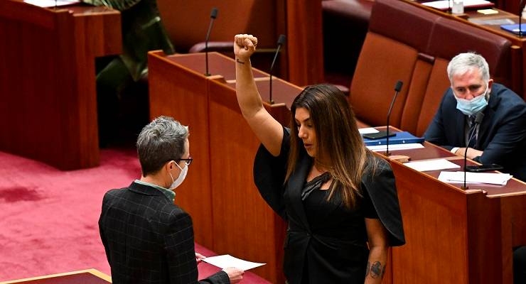 Australian Greens Senator Lidia Thorpe during her swearing-in ceremony (Image: AAP/Lukas Coch)