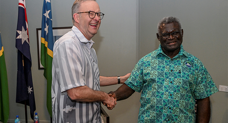 Prime Minister Anthony Albanese meets with Solomon Islands Prime Minister Manasseh Sogavare in July 2022 (Image: AAP/Joe Armao/ Reuters)