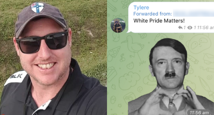 Independent candidate Tylere Baker-Pearce taking a selfie at a Holocaust concentration camp / a screenshot of Baker-Pearce from a neo-Nazi online group (Image: Supplied)