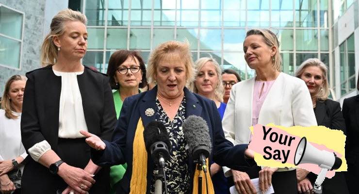 Coalition MP Michelle Landry with opposition members and senators at Parliament House (Image: AAP/Mick Tsikas)