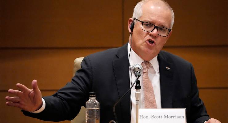 Former prime minister Scott Morrison speaks during a symposium of the Inter-Parliamentary Alliance on China (Image: AAP/AP/Eugene Hoshiko)