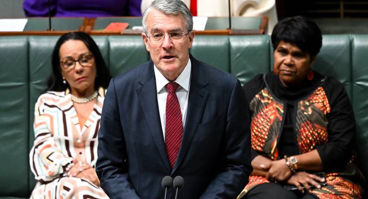 Attorney-General Mark Dreyfus speaks on the introduction of the bill to establish an Indigenous Voice (Image: AAP/Lukas Coch)