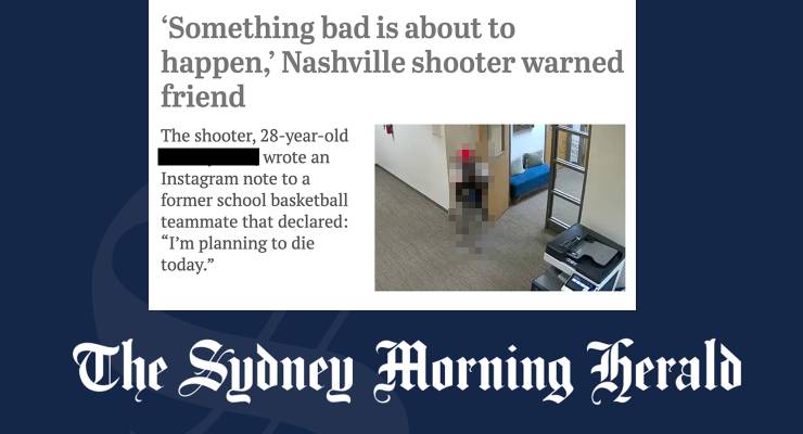 A composition featuring an article by The Sydney Morning Herald on a mass shooting in Nashville, USA (Image: Private Media/SMH)