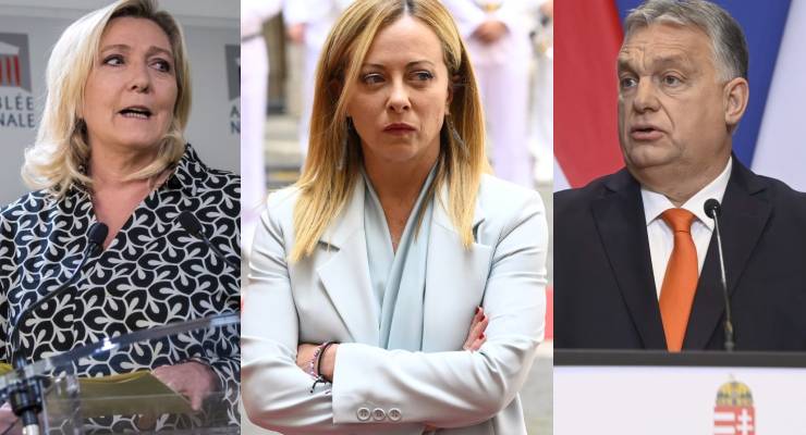 French politician Marine Le Pen (left), Italian PM Giorgia Meloni (centre), and Hungarian PM Viktor Orbán (right)