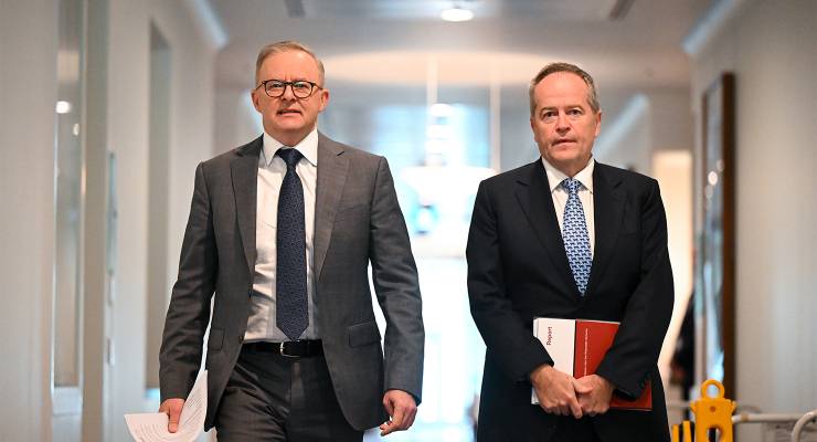 Prime Minister Anthony Albanese and Minister for Government Services Bill Shorten (Image: AAP/Lukas Coch)