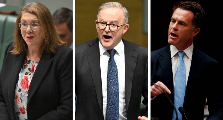 Infrastructure Miniter Catherine King, PM Anthony Albanese, and NSW Premier Chris Minns (Images: AAP)