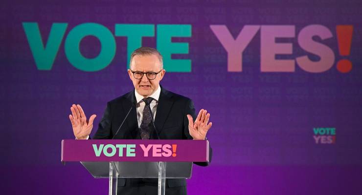 Anthony Albanese at the Yes23 official campaign launch (Image: AAP/Mark Brake)
