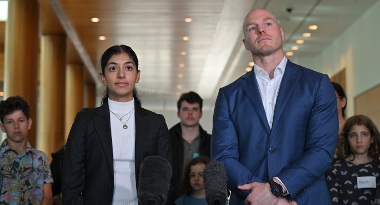Anjali Sharma and independent Senator David Pocock's press conference on Monday (Image: AAP/Mick Tsikas)