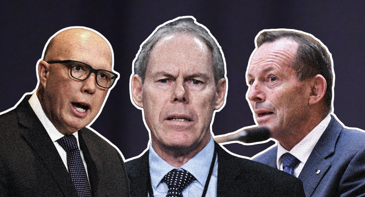 Opposition Leader Peter Dutton, Recognise a Better Way president Gary Johns, and former PM Tony Abbott (Images: AAP/Private Media)