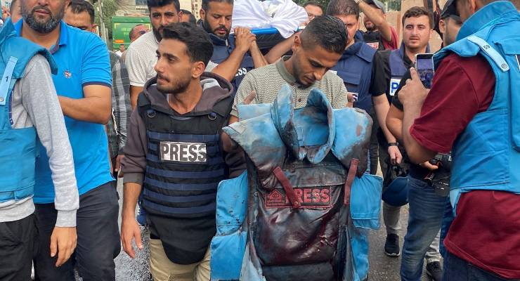 A blood-stained flak jacket belonging to a Palestinian journalist