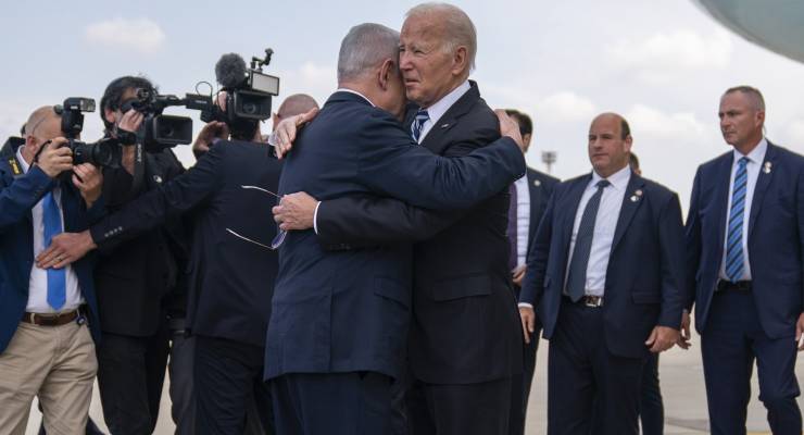 US President Joe Biden embraces PM Benjamin Netanyahu on arrival in Israel (Image: AP/Evan Vucci)
