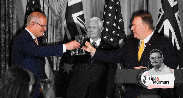 Former US secretary of state Mike Pompeo (right) toasts former PM Scott Morrison in 2019 (Image: AAP/AP/Alex Brandon)