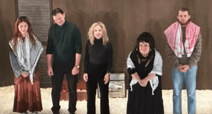 Mabel Li, Megan Wilding and Harry Greenwood wearing keffiyeh in the STC’s production of The Seagull (Image: Instagram)