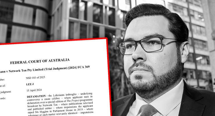 Bruce Lehrmann and a page from the verdict of Lehrmann vs Network Ten (Image: AAP/Bianca De Marchi)