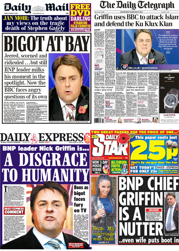 The Conservative leaning British papers came down hardest on the BNP Leader and the BBC