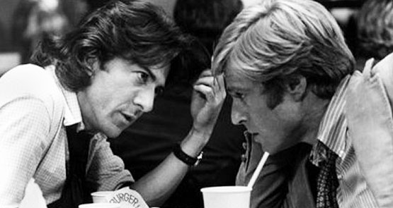 Robert Redford and Dustin Hoffman as Bob Woodward and Carl Bernstein 