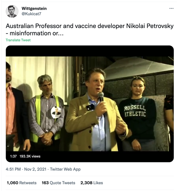 One viral tweet featuring Petrovsky criticising current approved vaccines