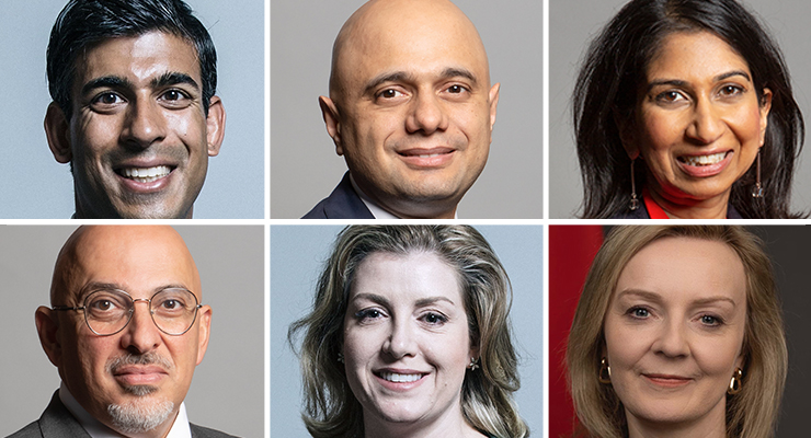 Rishi Sunak, Sajid Javid, Suella Braverman, Nadhim Zahawi, Penny Mordaunt and Liz Truss (Images: Supplied) 