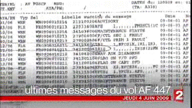 Each line logs an ACARS message which itself is a string of code in letters and numbers not shown here. The messages do not necessarily arrive at the airline base in real time but are often stored for transmission in a package at regular intervals especially if a ground receiving station will come within range in a reasonable time. The last message of any type sent from AF447 is believed to be at the top of this list, and contained an advisory of vertical cabin speed, thought by the investigators to have been generated by depressurisation that occurred just before or after the aircraft broke apart in flight.