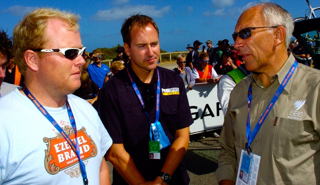 Phil Liggett (r) on the job at the 2009 Tour Down Under