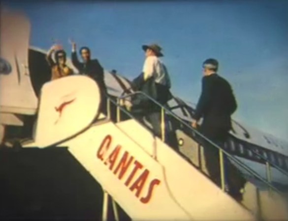 Waving from the top of the stairs never quite replaced a band and streamers, © Qantas