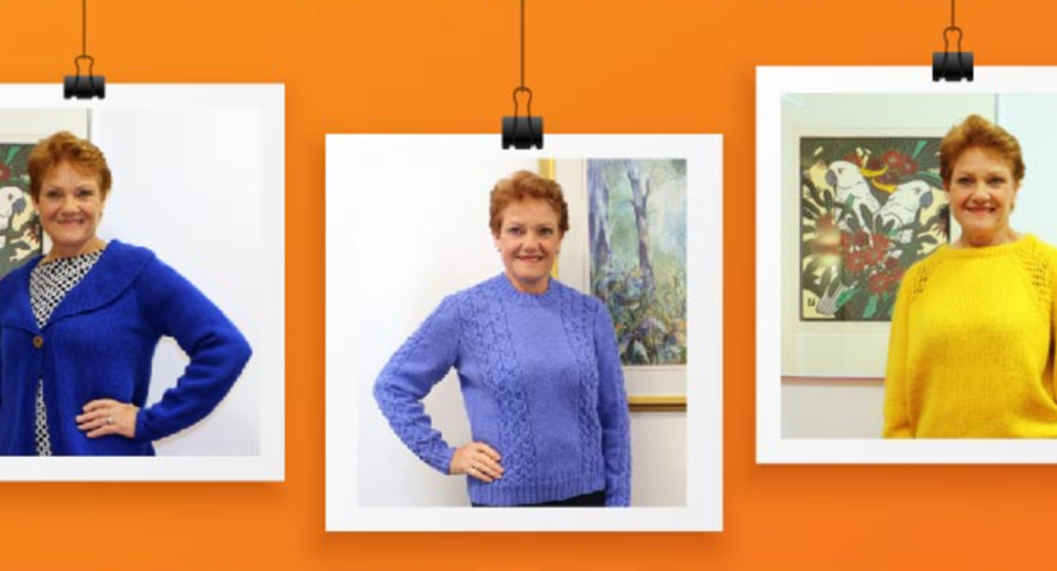 Pauline Hanson displaying her range of knitted wares (Image: One Nation)